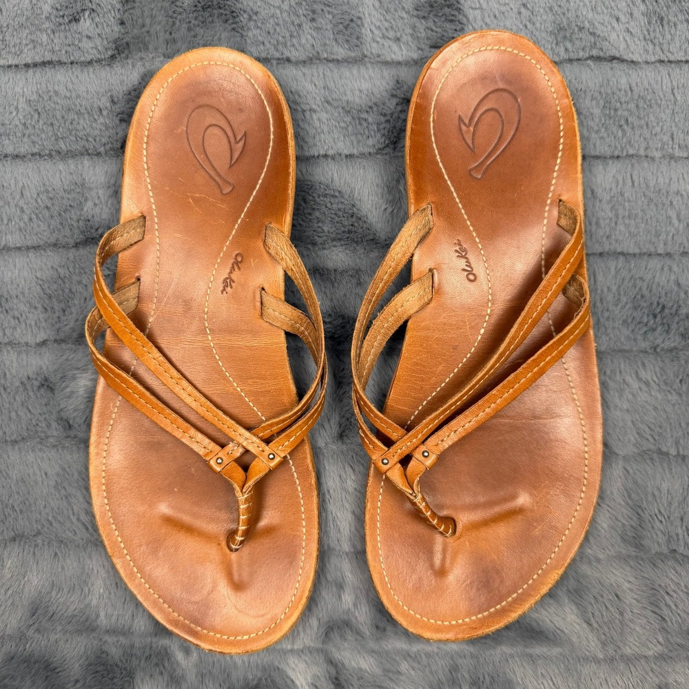 OluKai Upena Leather Strappy Sandals Brown Tan Thong Flip Flop Womens 9 20245